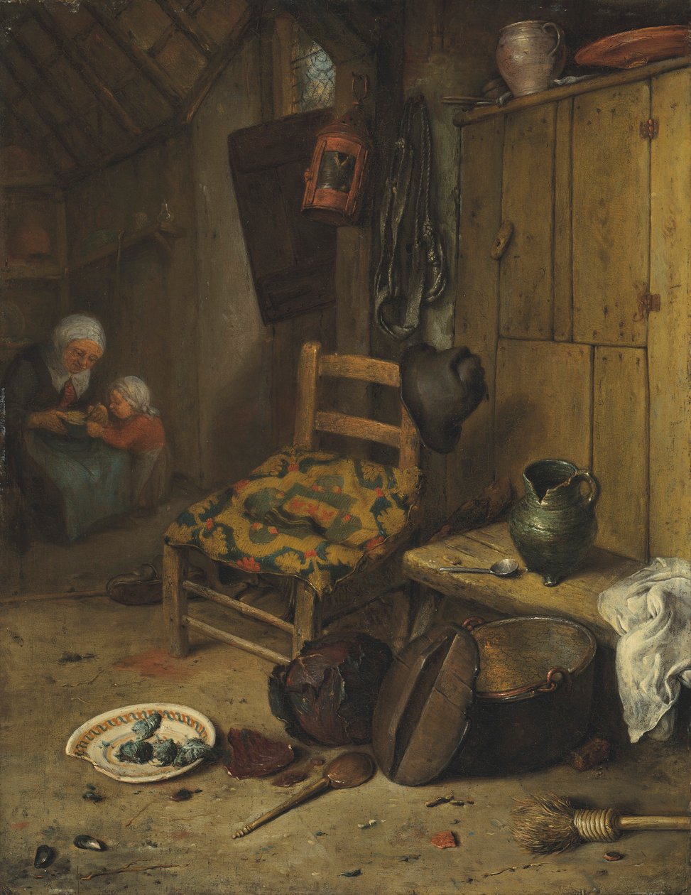 Et køkkeninteriør med en mor og et barn
Van Doerne-familiens våbenskjold på den vævede pude af Adriaen van Ostade