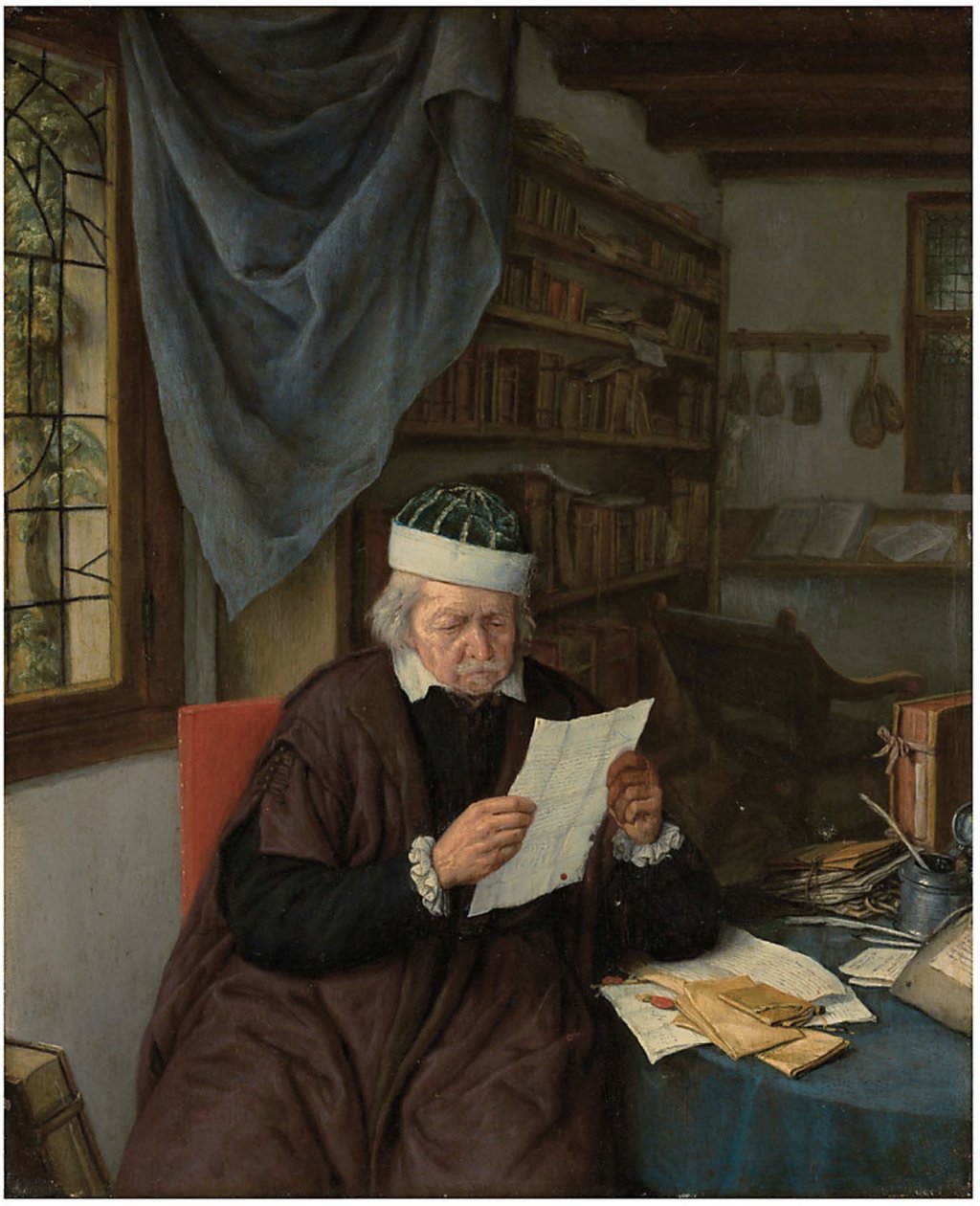 En advokat sidder ved et bord og læser et brev af Adriaen van Ostade
