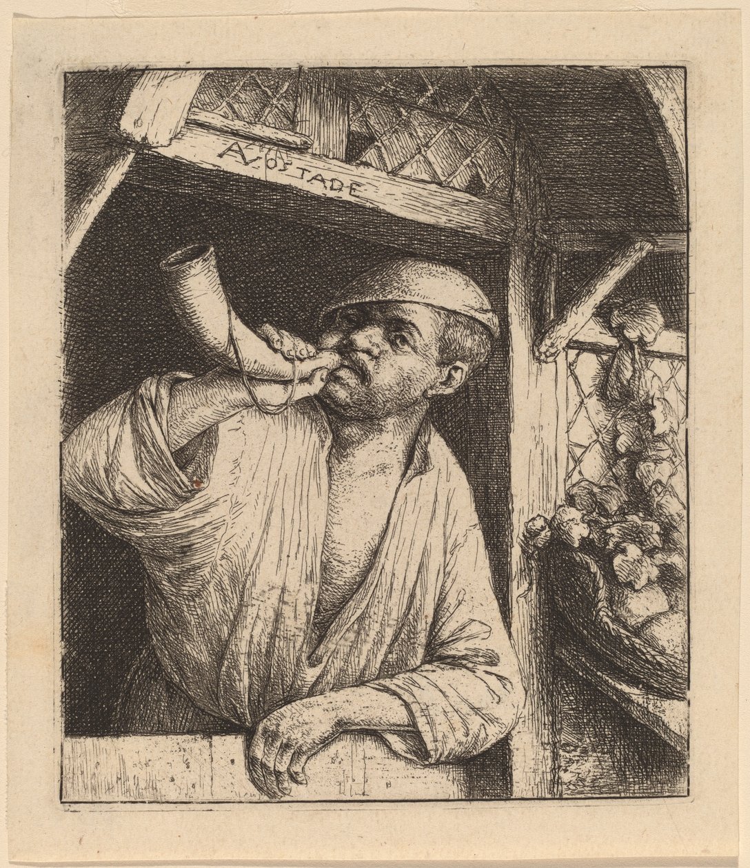 Baker, der slår sit horn af Adriaen van Ostade