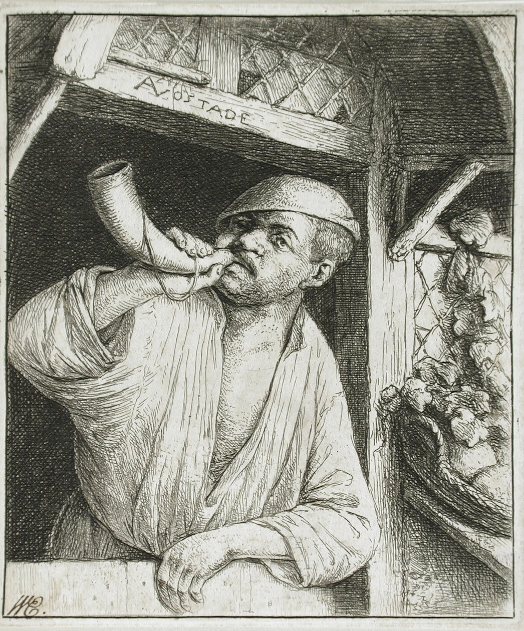 Bager, der blæser i sit horn af Adriaen van Ostade