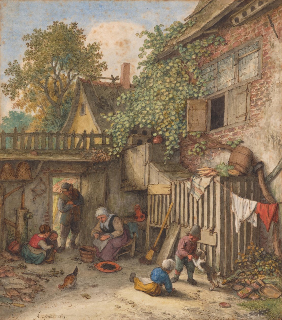 En gårdsplads med en kvinde, der renser muslinger af Adriaen van Ostade