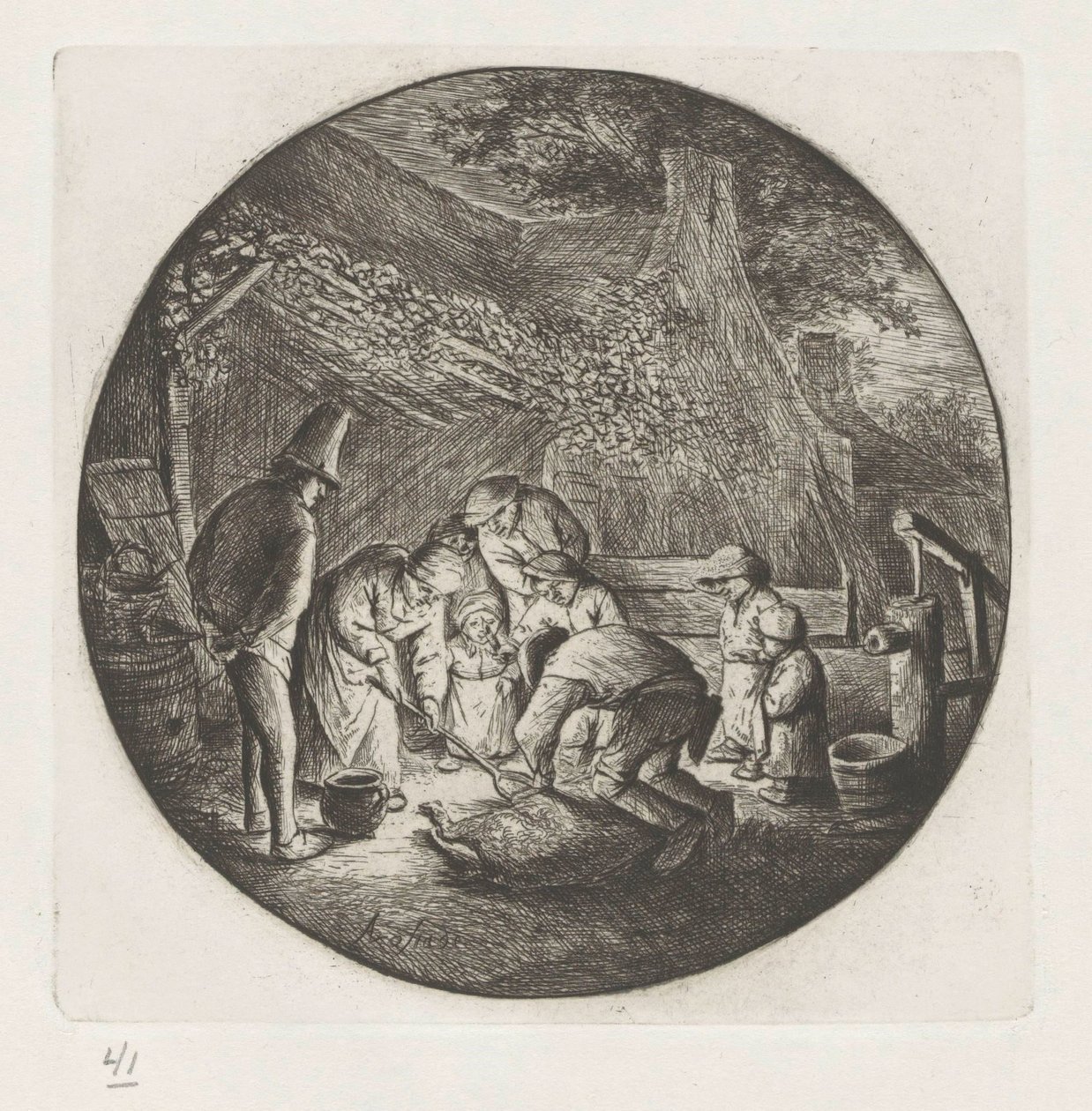 Landmandsfamilie ved slagtning af en gris af Adriaen van Ostade