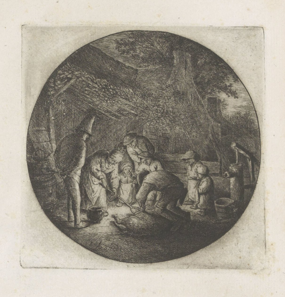 Landmandsfamilie ved slagtning af en gris af Adriaen van Ostade