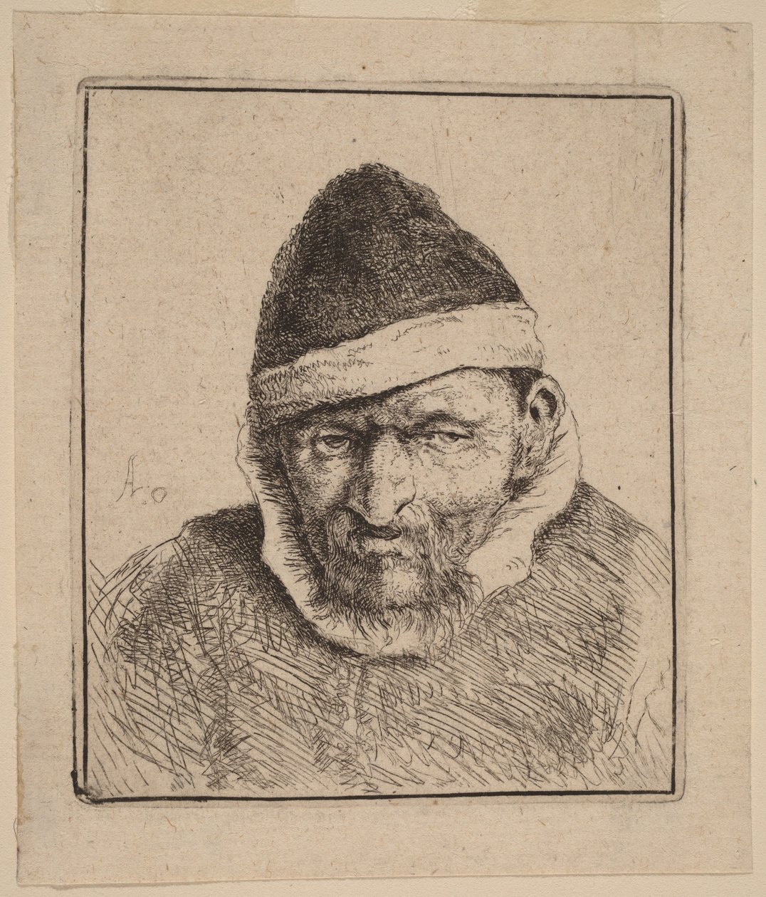 Buste af en bonde med en spids pelshue af Adriaen van Ostade