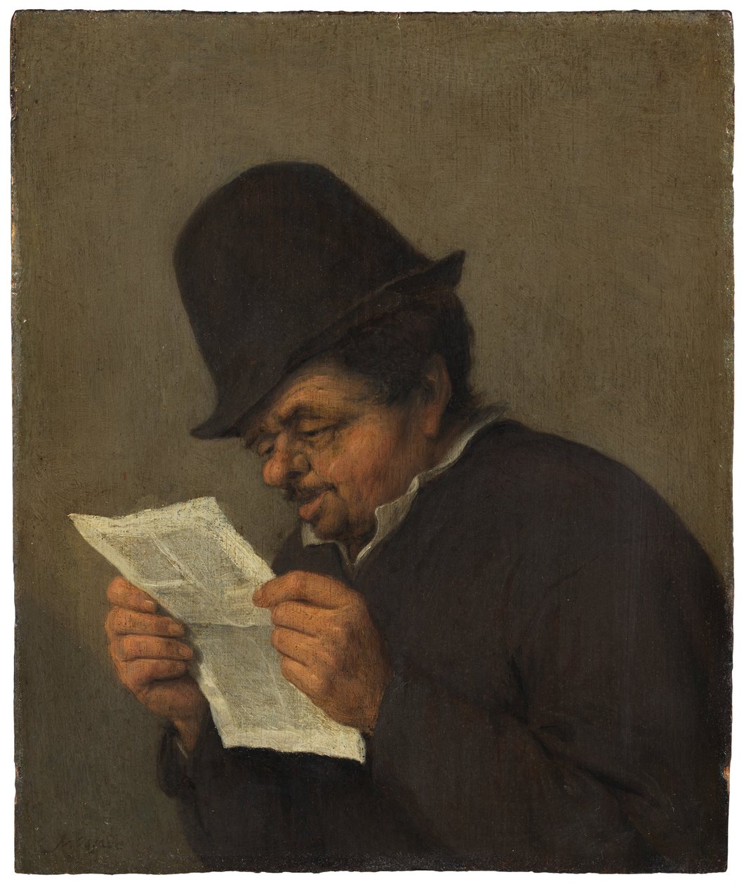Buste af en gammel bonde, der læser en avis af Adriaen van Ostade