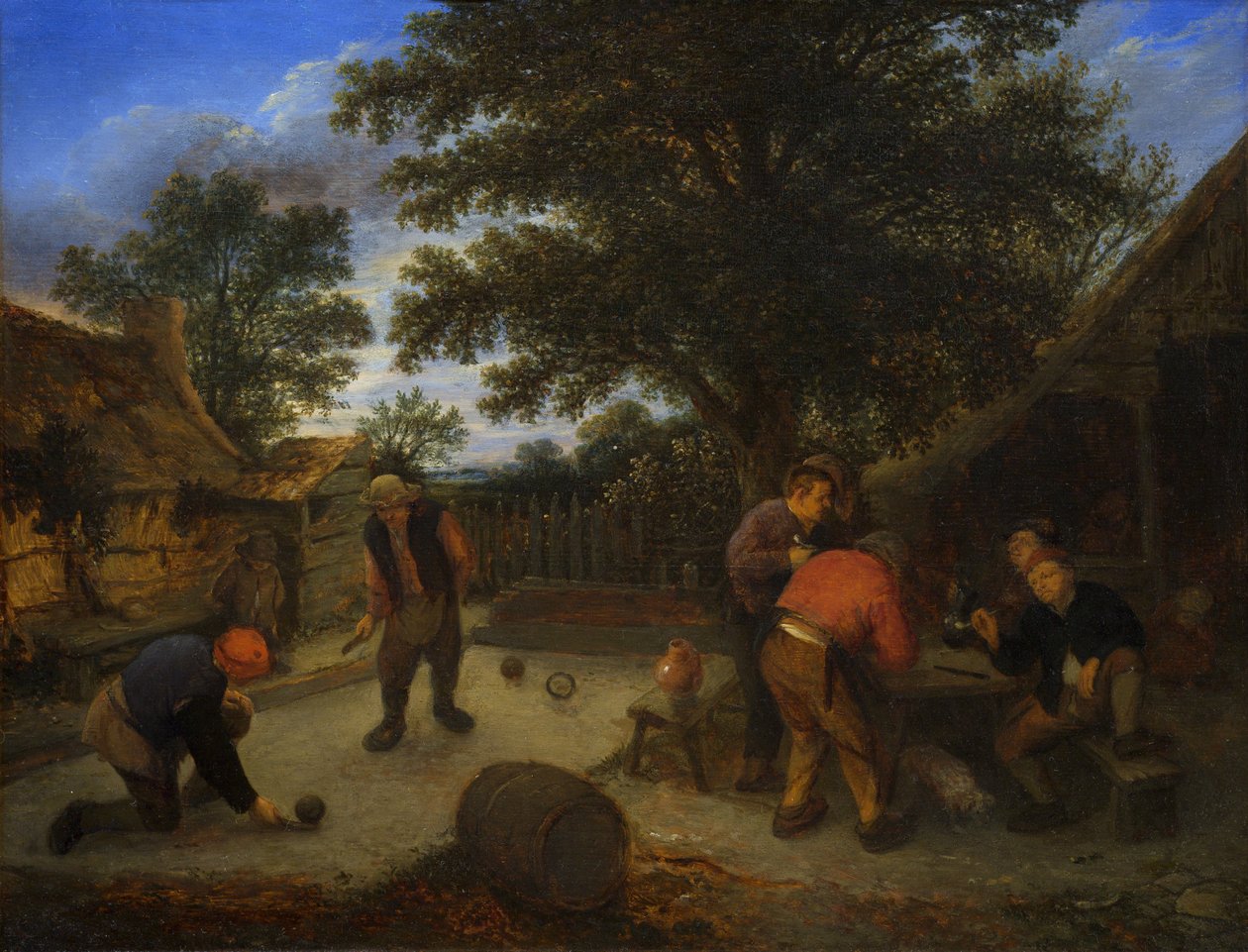 Dansk:  Kuglespillerne i krohaven Ballplayers in the inn garden (Kuglespillerne i krohaven) af Adriaen van Ostade