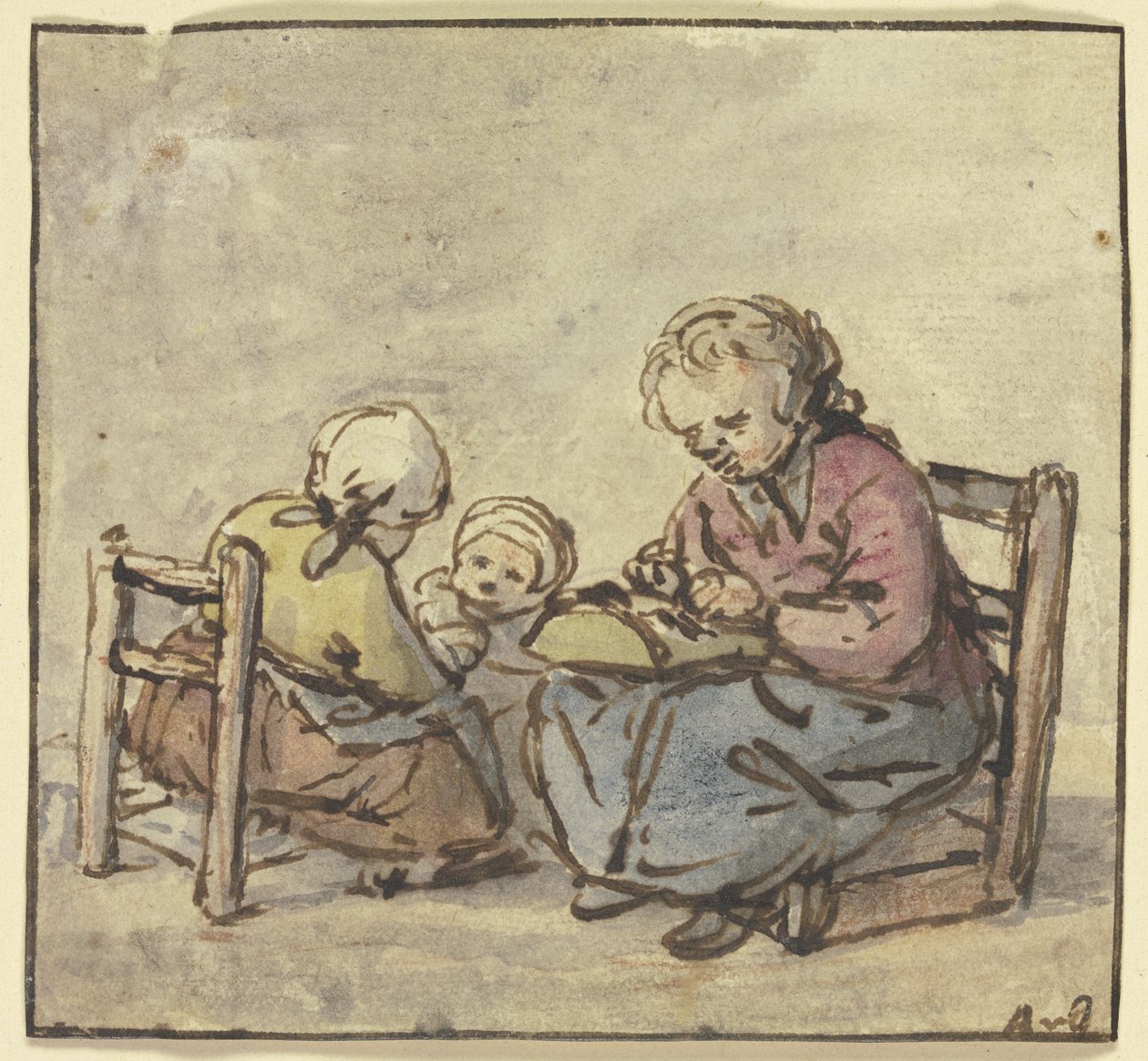 Tre piger, den ældste knipler blonder af Adriaen van Ostade
