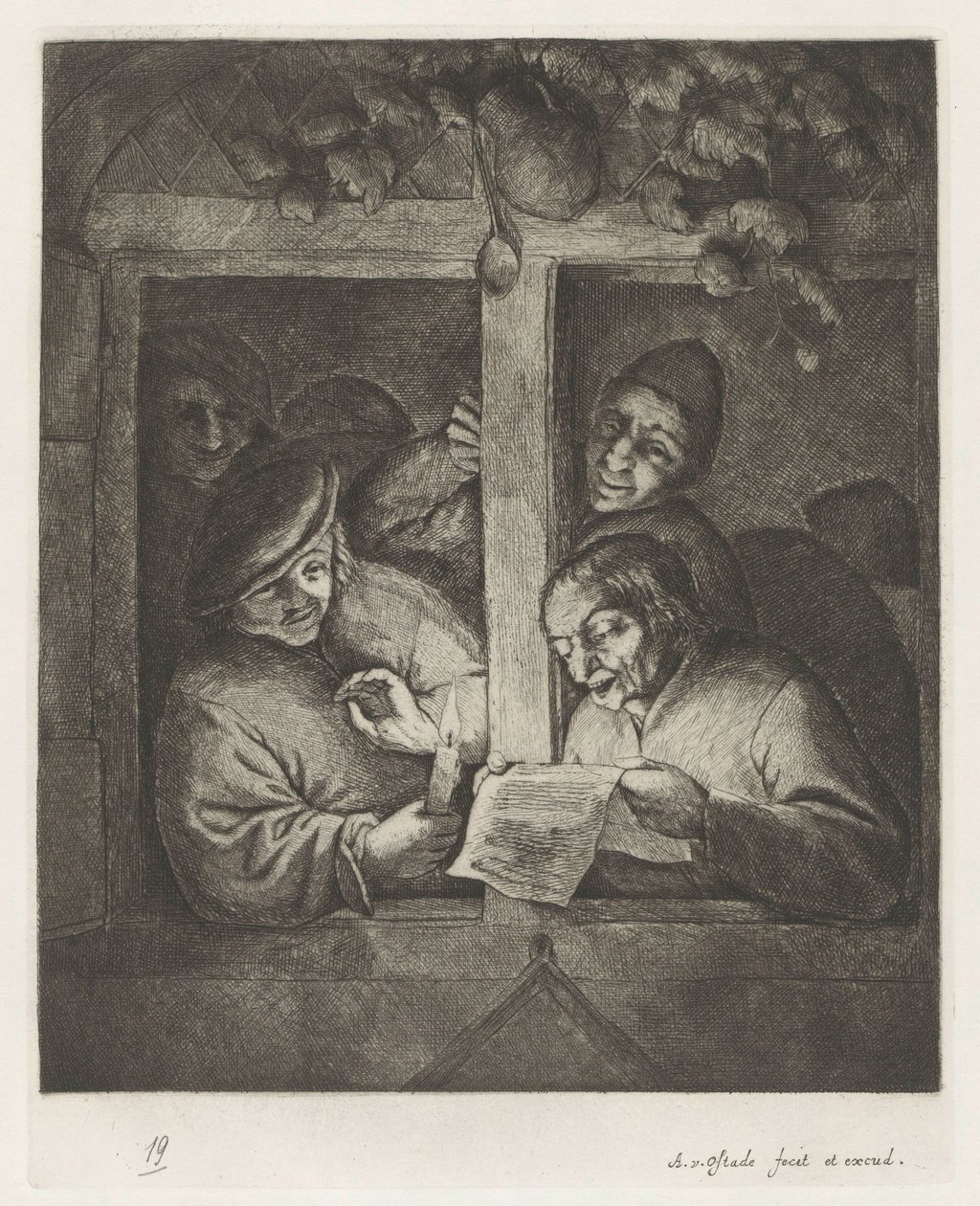Tre mænd synger fra et ark papir ved levende lys i et åbent vindue af Adriaen van Ostade
