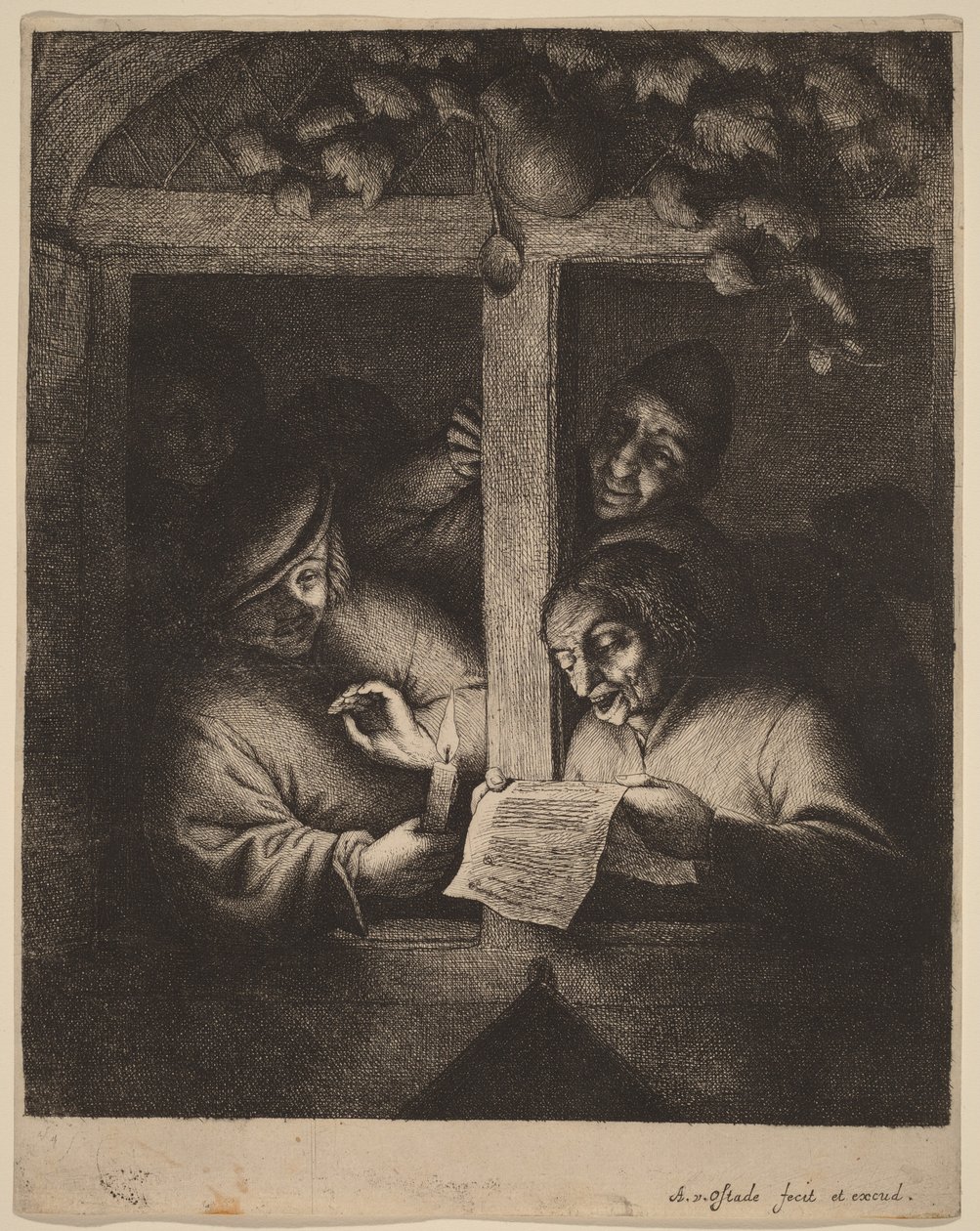 Fire mænd ved et vindue, hvoraf den ene læser op fra et ark i stearinlysets skær af Adriaen van Ostade