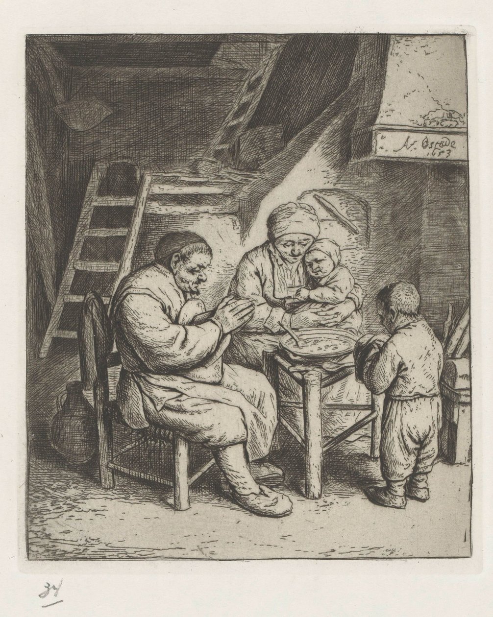 Familie ved bordet til måltidet af Adriaen van Ostade