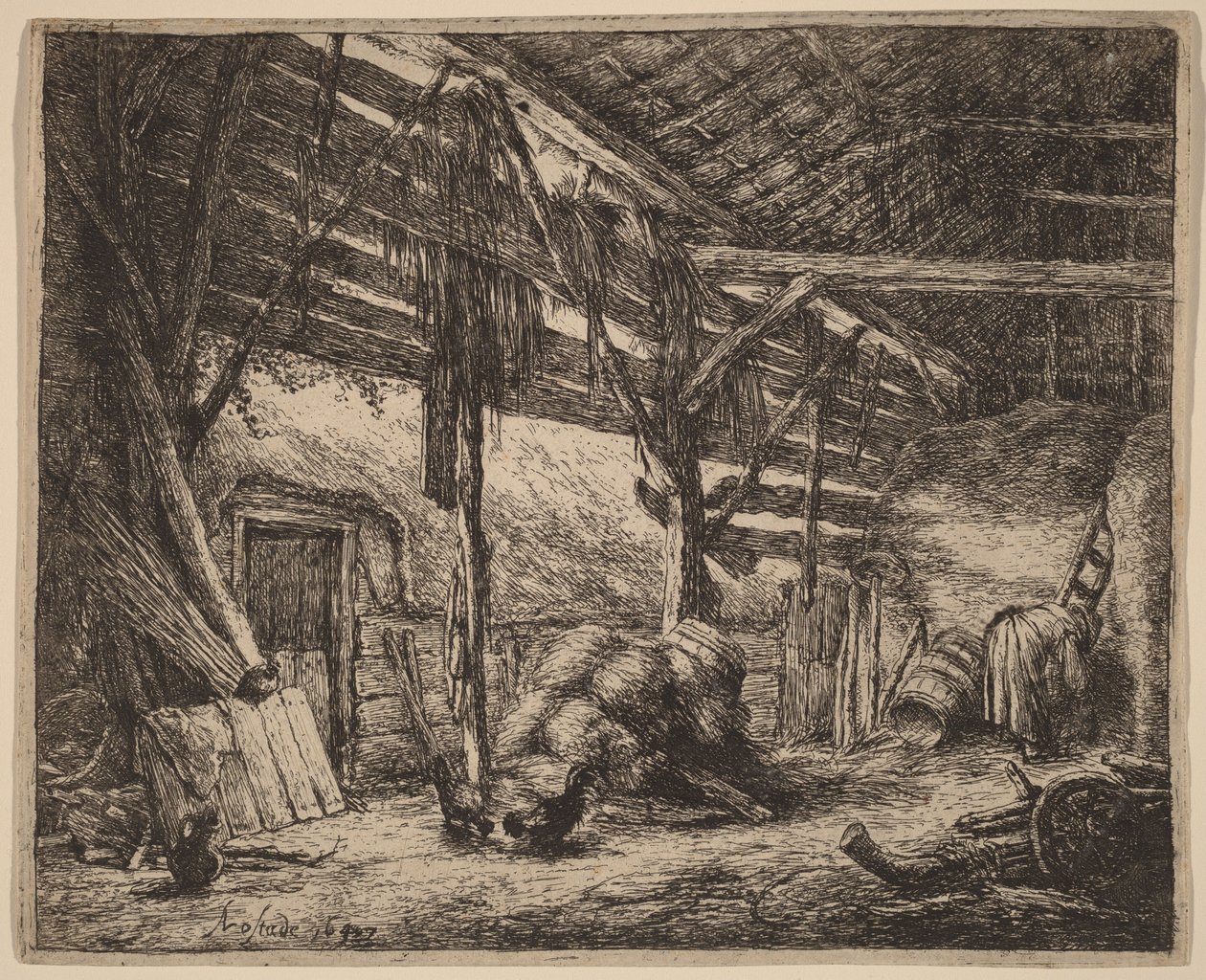 Interiør fra en lade med en bondekone i arbejde af Adriaen van Ostade