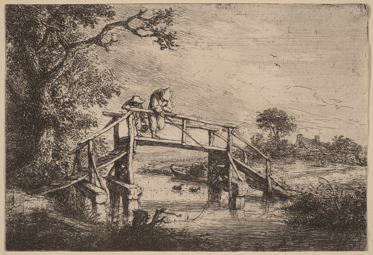 Landskab med en bro og to fiskere af Adriaen van Ostade