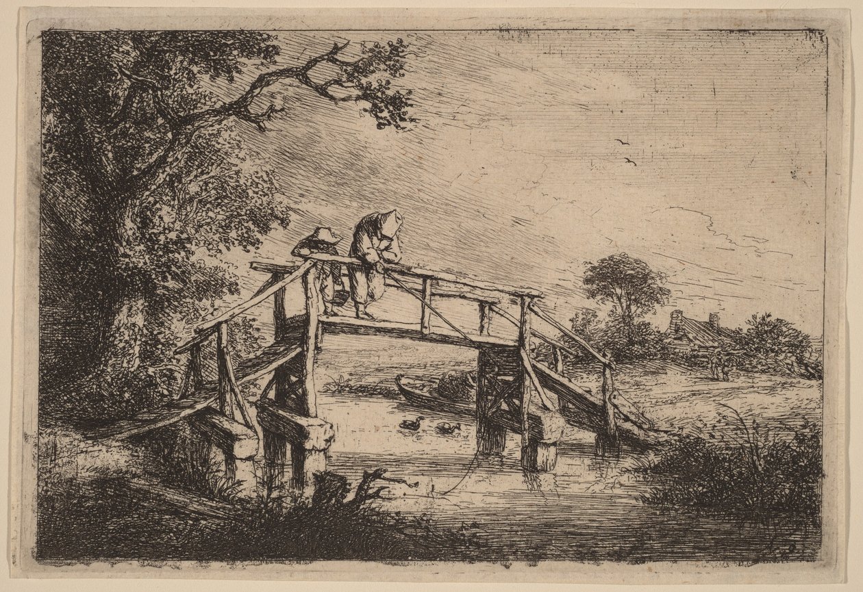 Landskab med en bro og to fiskere af Adriaen van Ostade