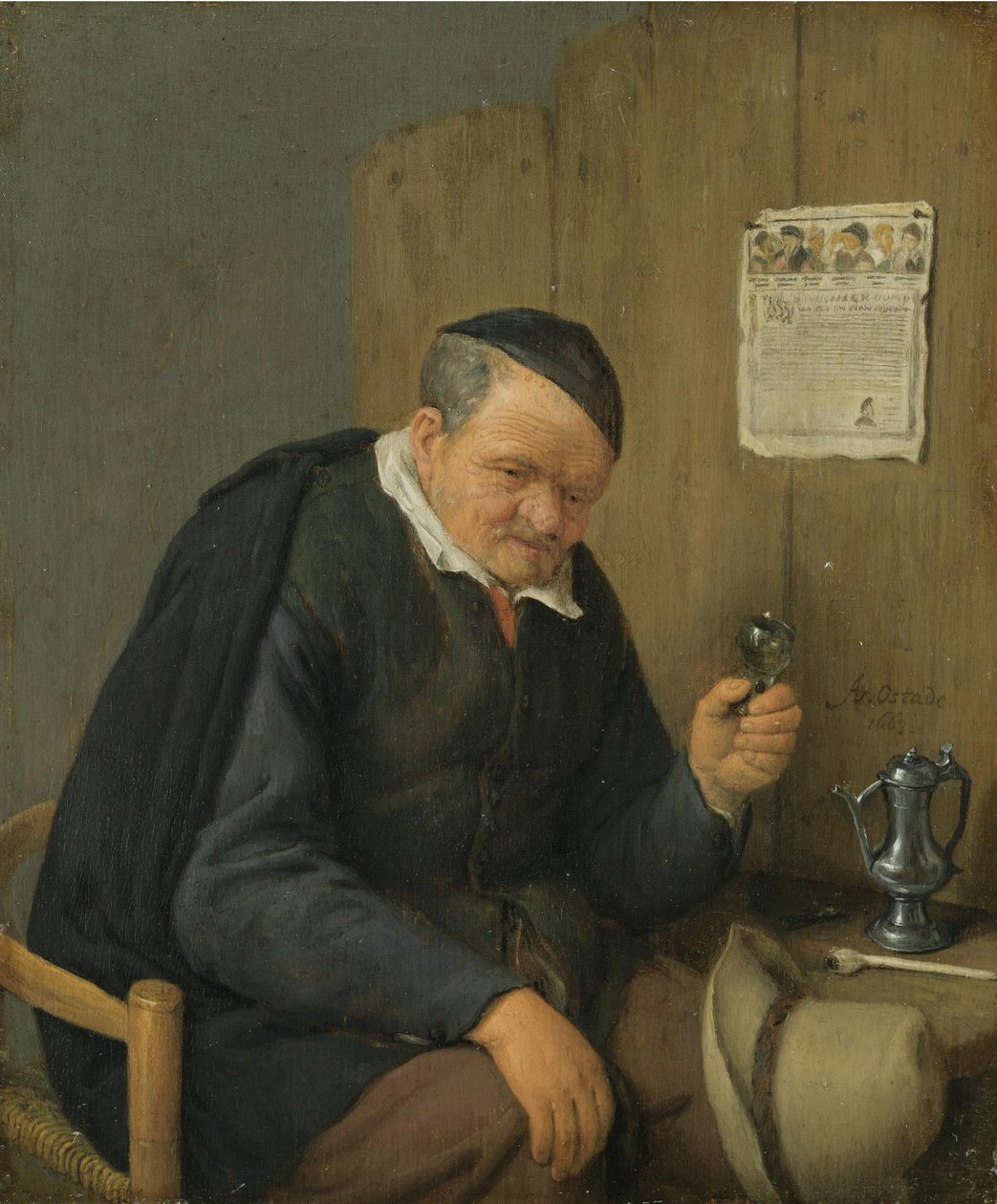 Gammel mand holder et vinglas af Adriaen van Ostade