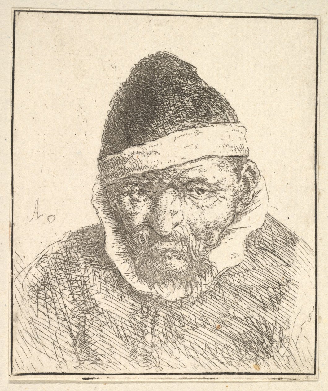 Gammel mand med hvid krave og spids hat af Adriaen van Ostade