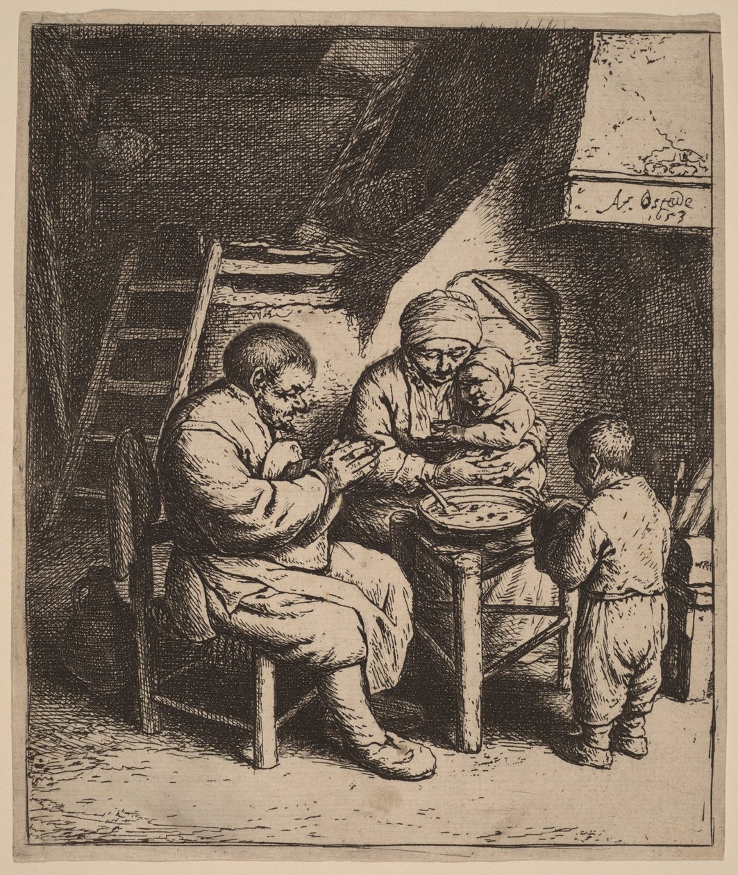 Bonde familie i bøn før måltidet af Adriaen van Ostade