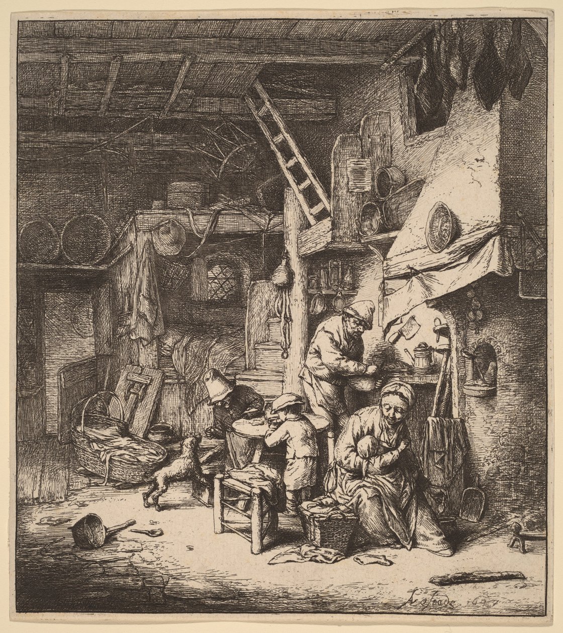 Bonde familie i et interiør med moderen, der mader et barn af Adriaen van Ostade