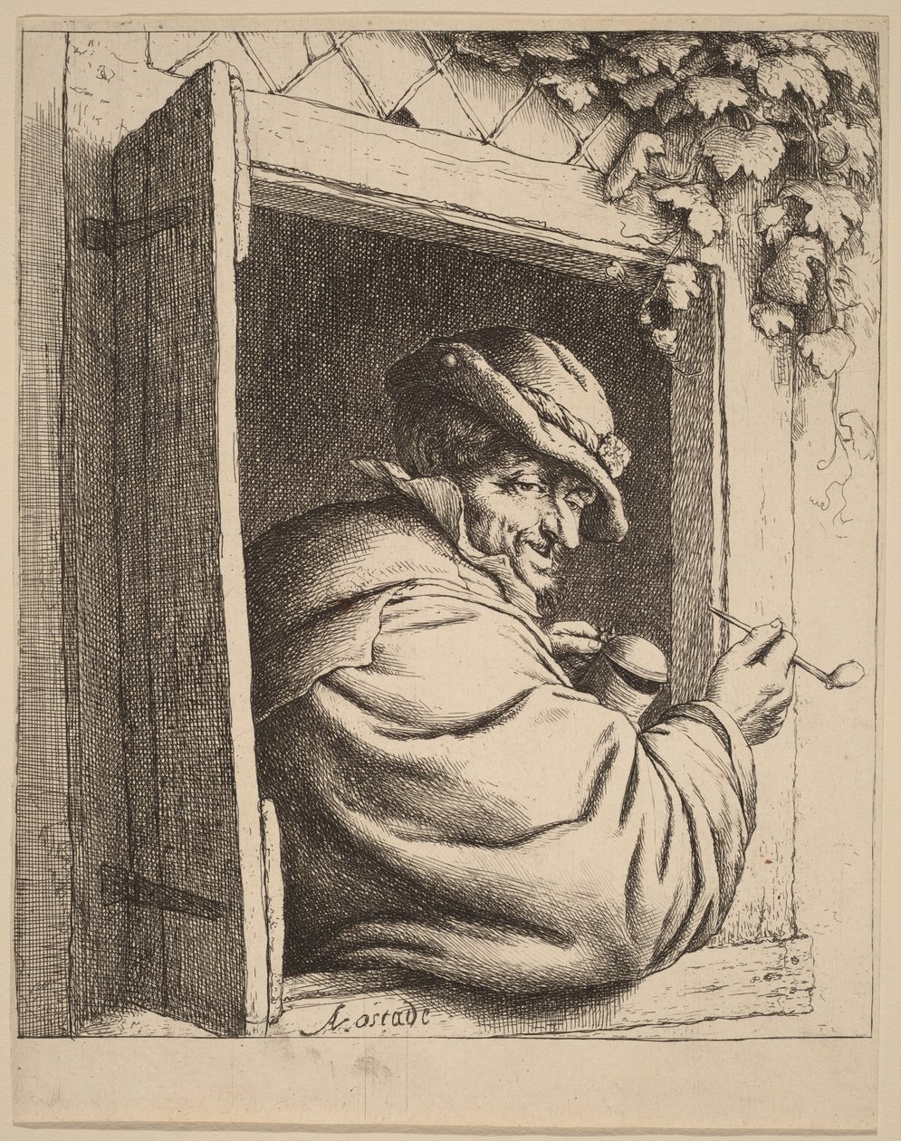 Bonde ved et vindue med en pibe og en kande i hånden af Adriaen van Ostade