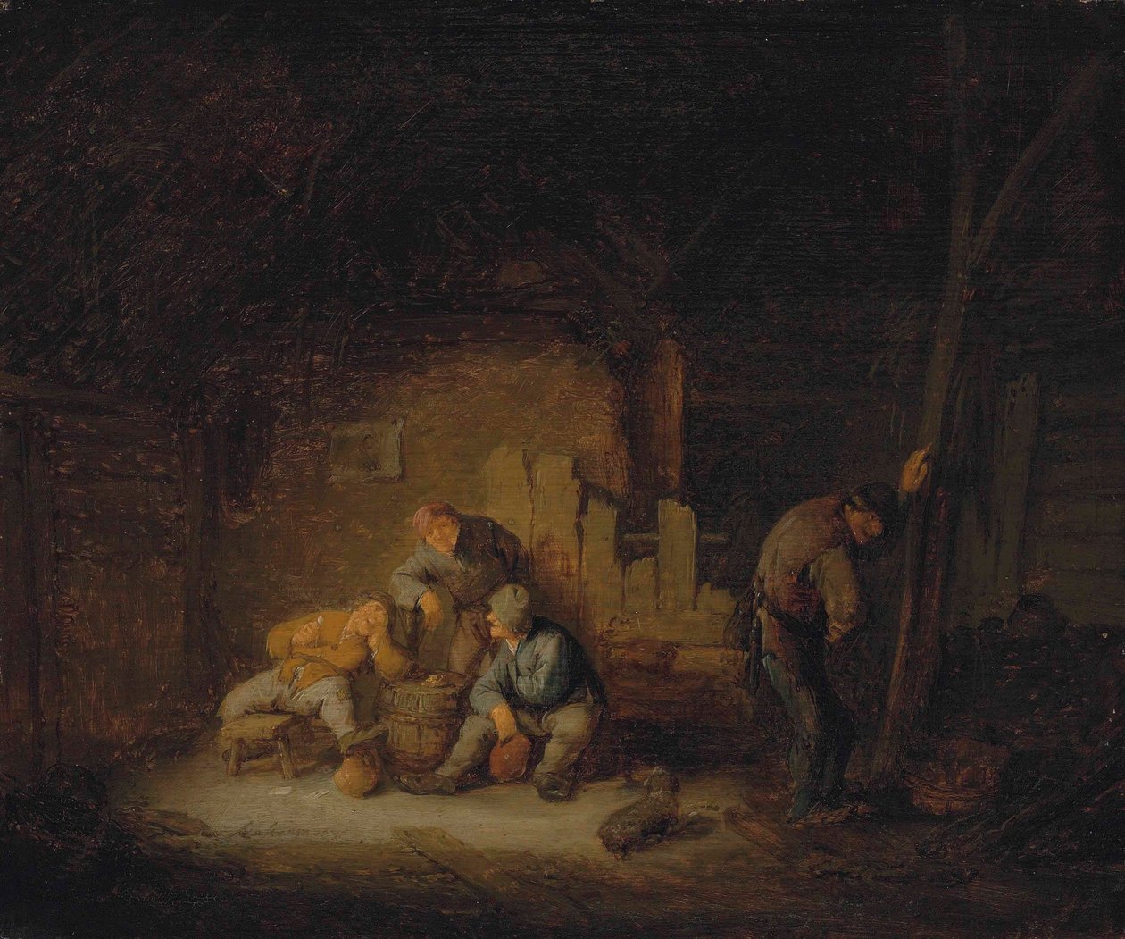 Bønder, der sidder og drikker i en lade med en hund af Adriaen van Ostade