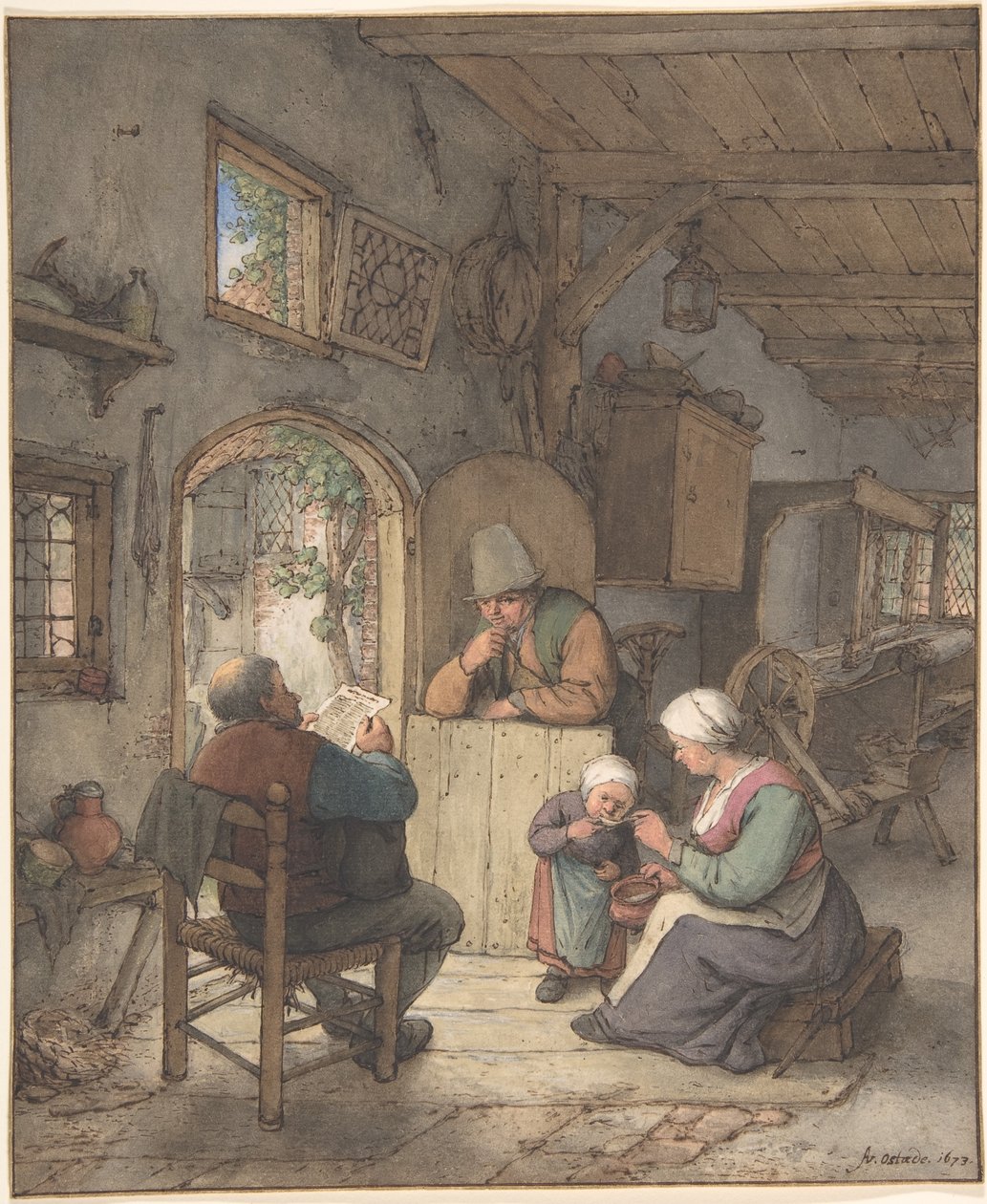 Læsning af nyheder i vævernes hytte af Adriaen van Ostade