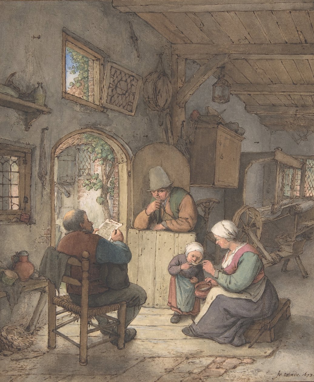 Læser nyhederne i vævernes hytte, 1673. af Adriaen van Ostade
