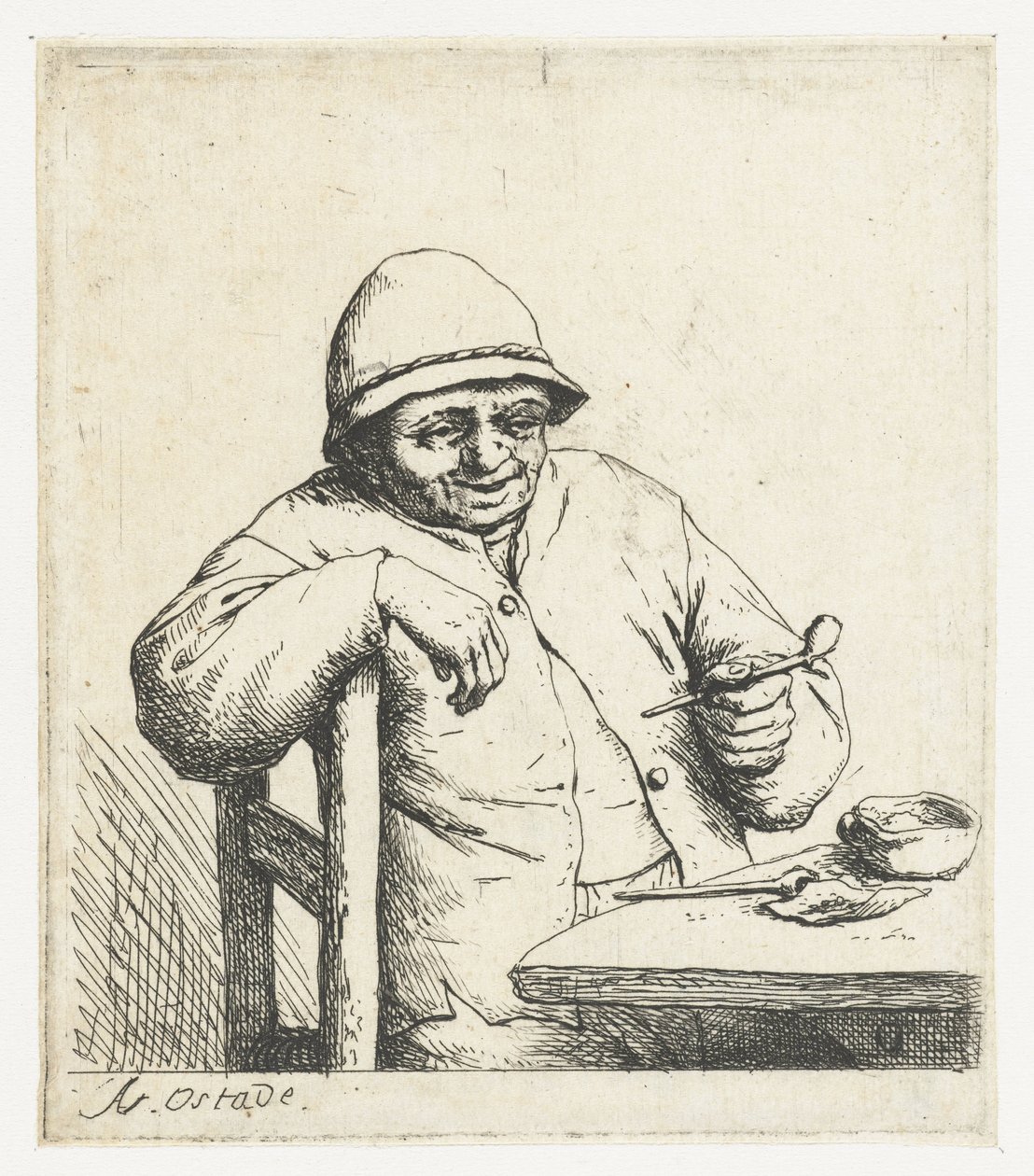 Rygende landmand med armen over en stol Den smilende ryger af Adriaen van Ostade