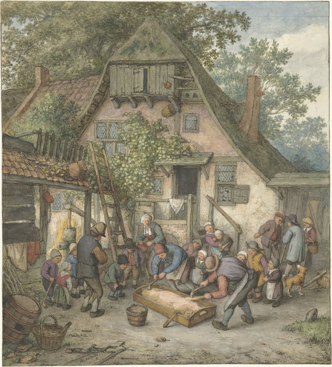 Skoldning af Hog Skrabning af en gris af Adriaen van Ostade