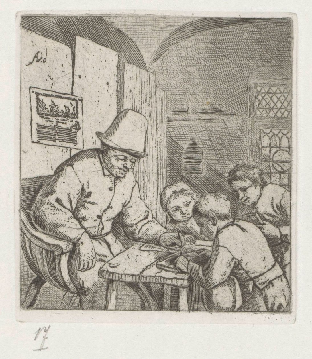 Skoleholder med tre elever ved bordet af Adriaen van Ostade