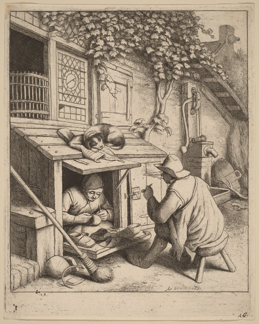 En ryger på en skammel i samtale med en skomager, der er i gang med sit arbejde af Adriaen van Ostade
