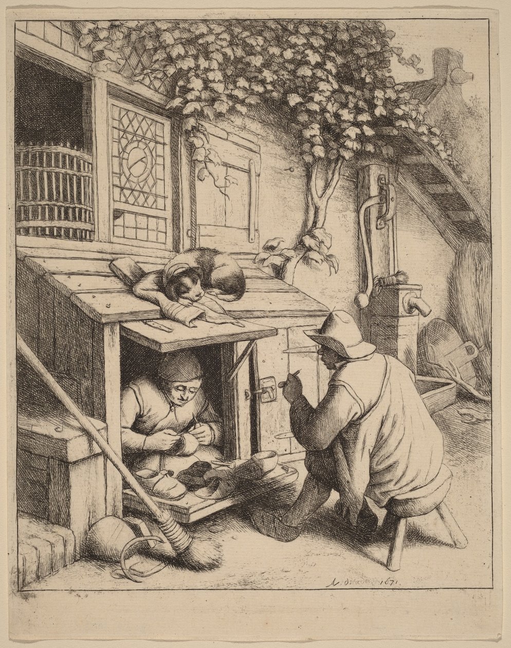 Ryger på en skammel i samtale med en arbejdende skomager af Adriaen van Ostade