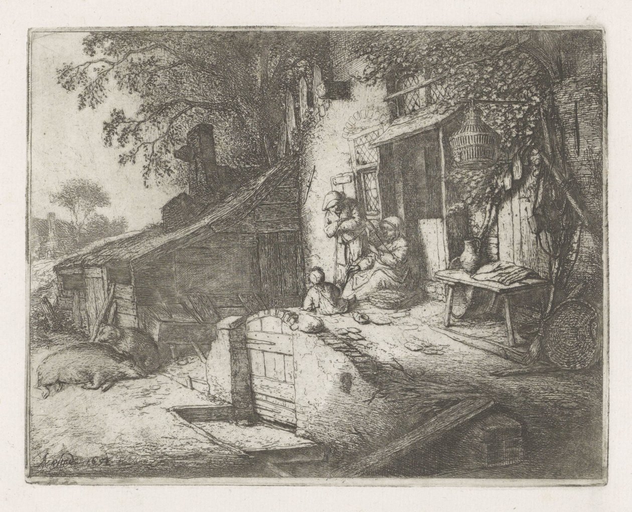 Spindende kvinde foran et hus af Adriaen van Ostade