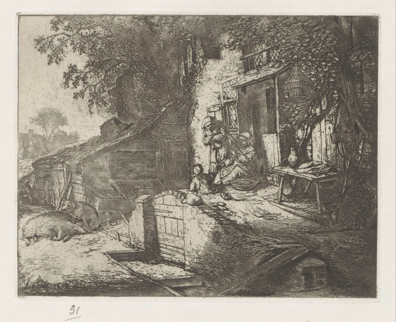 Spindende kvinde foran et hus af Adriaen van Ostade