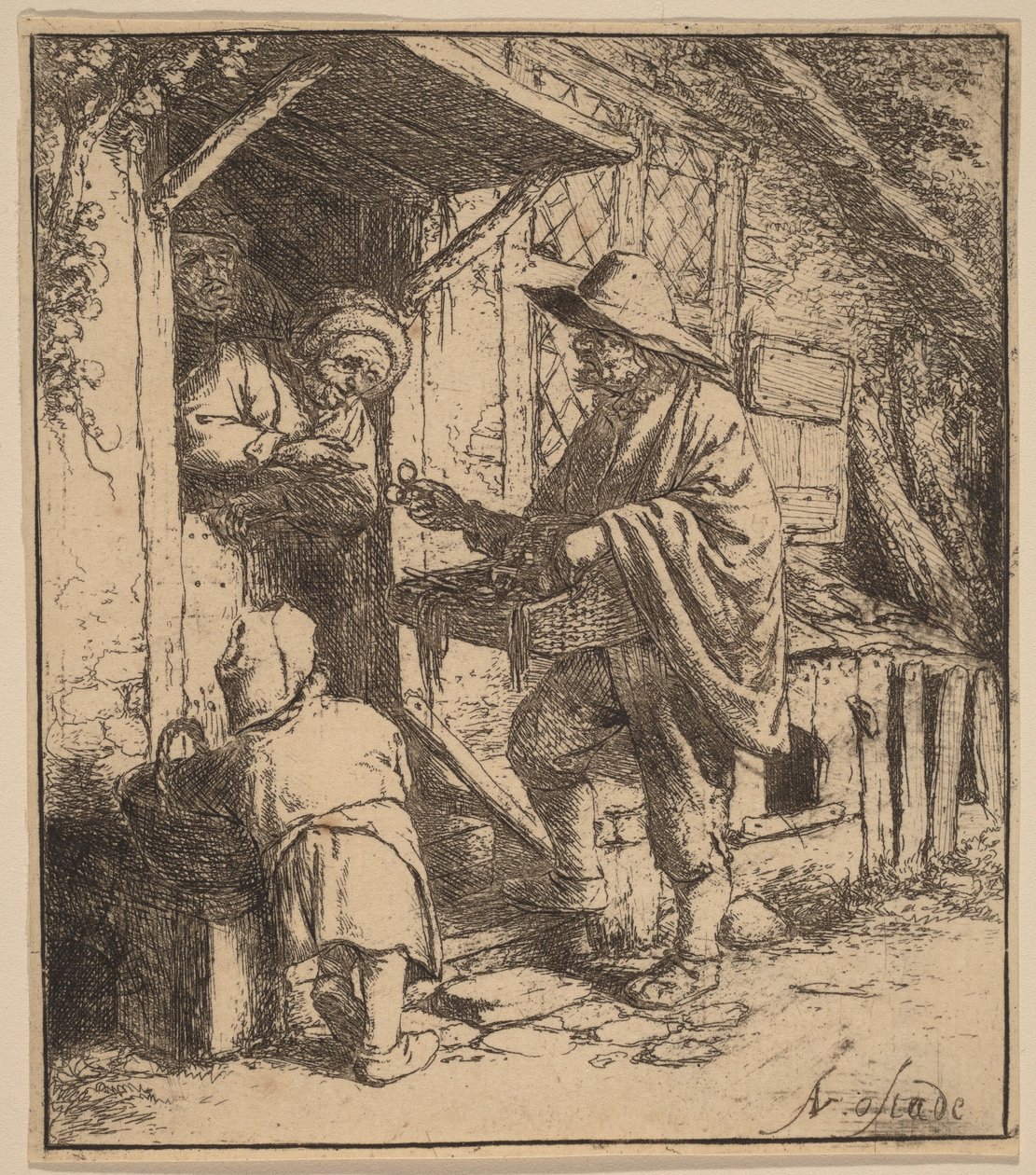 Gadesælger, der sælger briller ved døren af Adriaen van Ostade