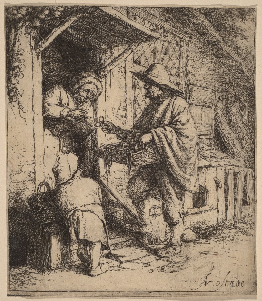 Gadesælger, der sælger briller ved døren af Adriaen van Ostade