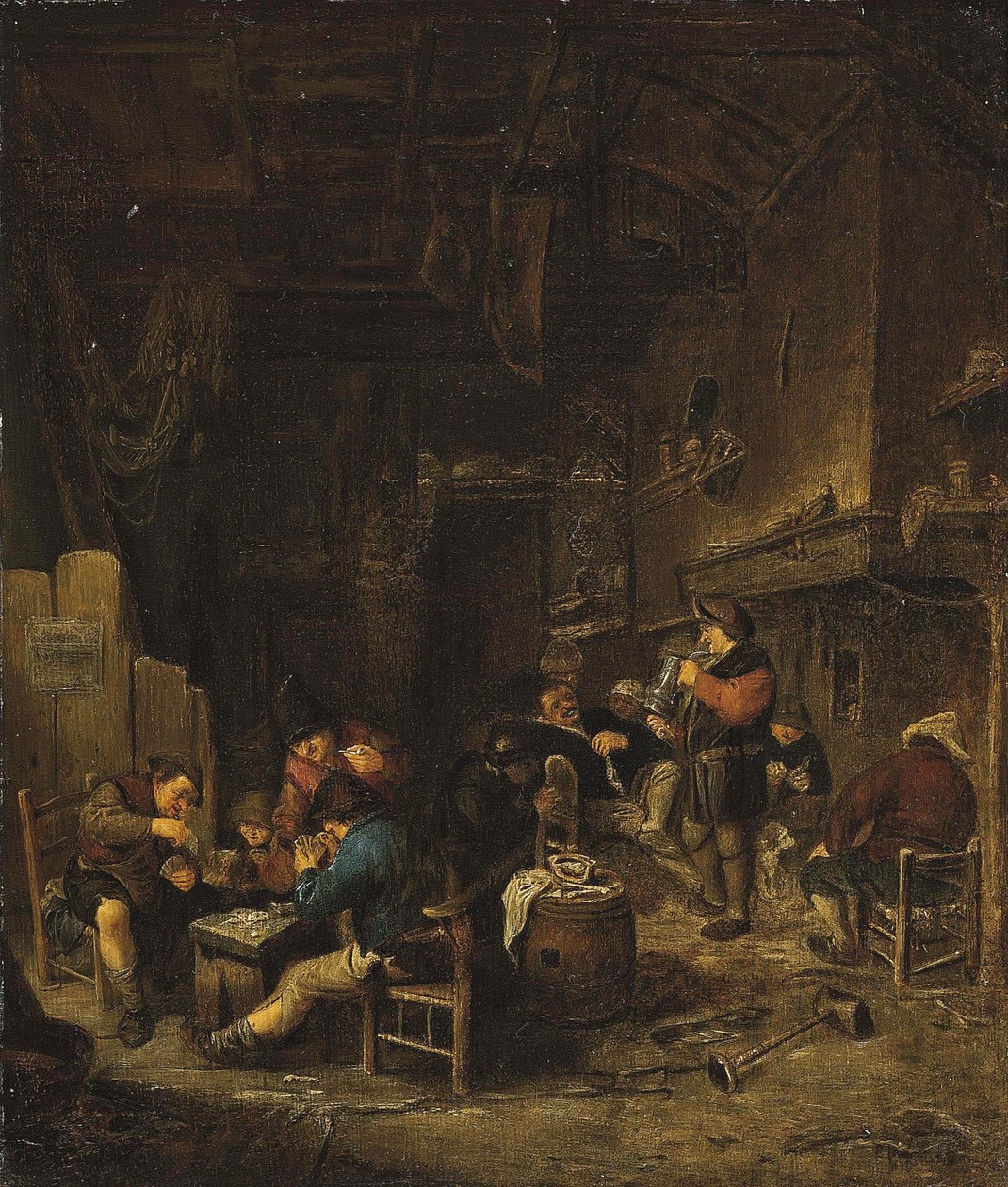 Værtshusinteriør med bønder, der spiller kort, ryger og drikker af Adriaen van Ostade