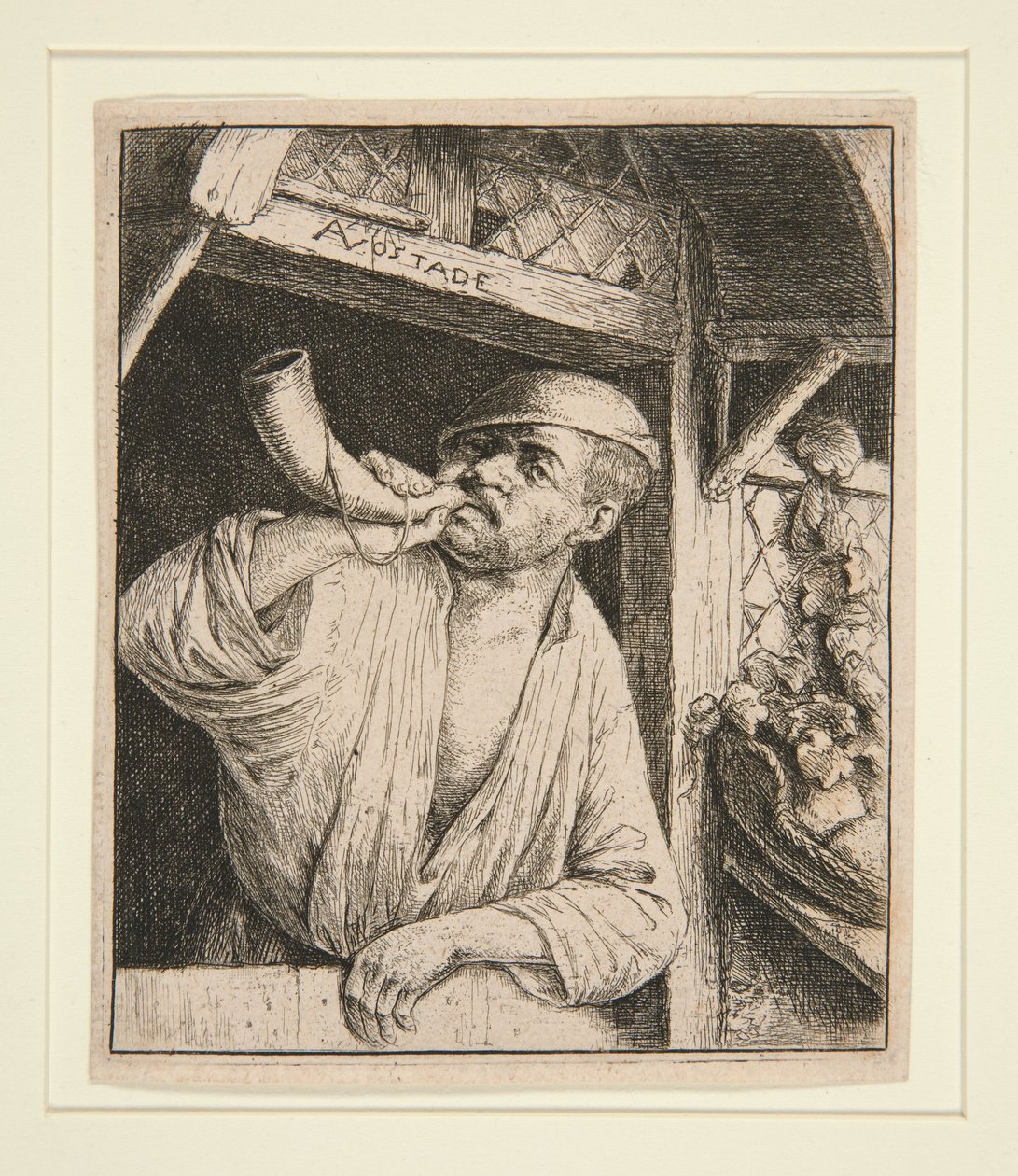 Bageren, der blæser i sit horn af Adriaen van Ostade