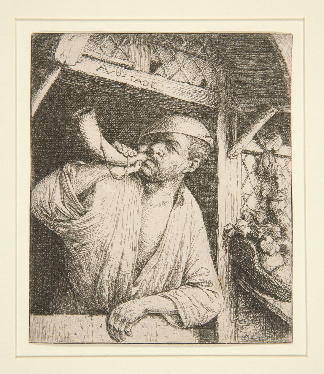 Bageren, der blæser i sit horn af Adriaen van Ostade