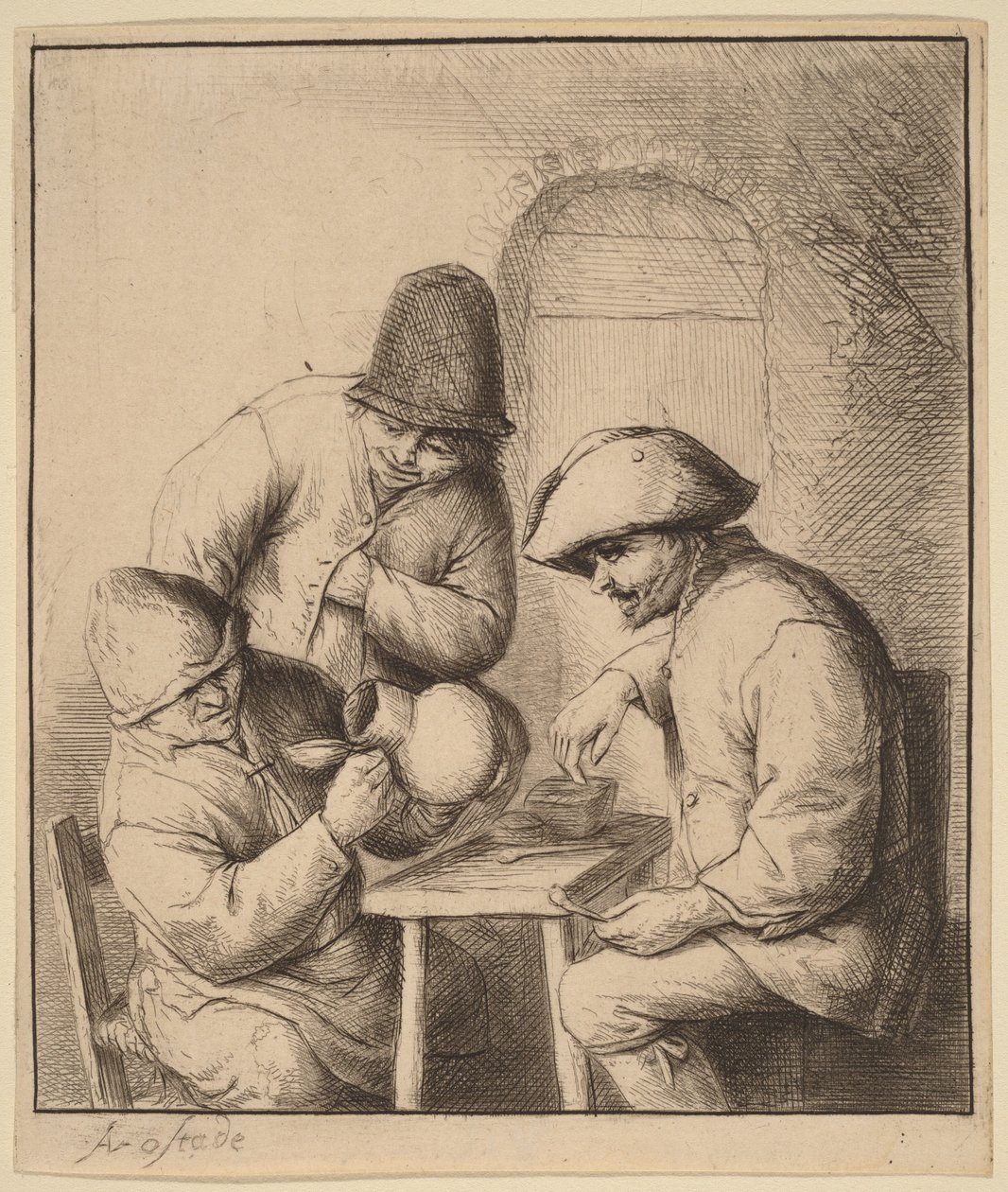 Tre bønder på en kro, hvoraf den ene kigger ned i en krukke af Adriaen van Ostade