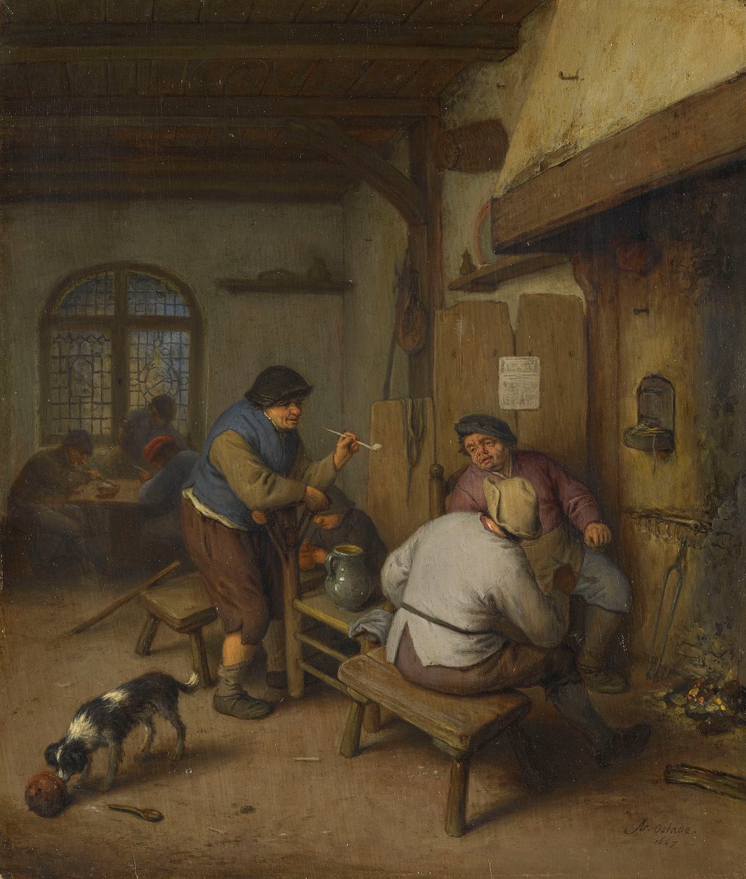Tre bønder på en kro, rundt om et bål af Adriaen van Ostade