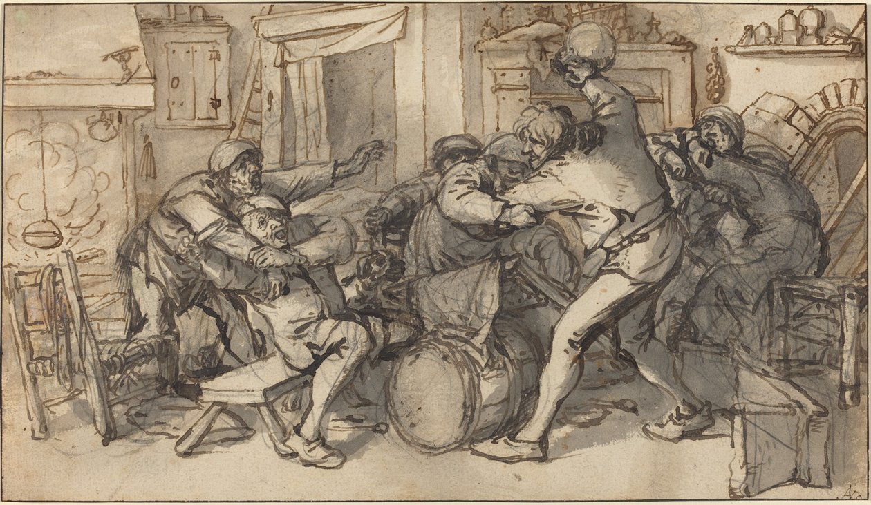 Bønder kæmper i et værtshus af Adriaen van Ostade and Cornelis Dusart