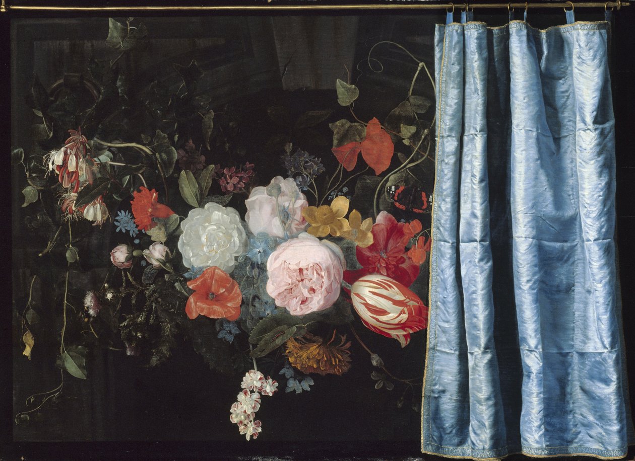 Trompe-l"Oeil stilleben med en blomsterkrans og et gardin, 1658 af Adriaen van Spelt