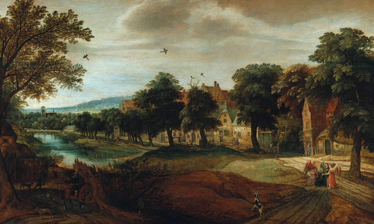 Et skovklædt flodlandskab med landsbybygninger og Abraham og de tre engle af Adriaen van Stalbemt