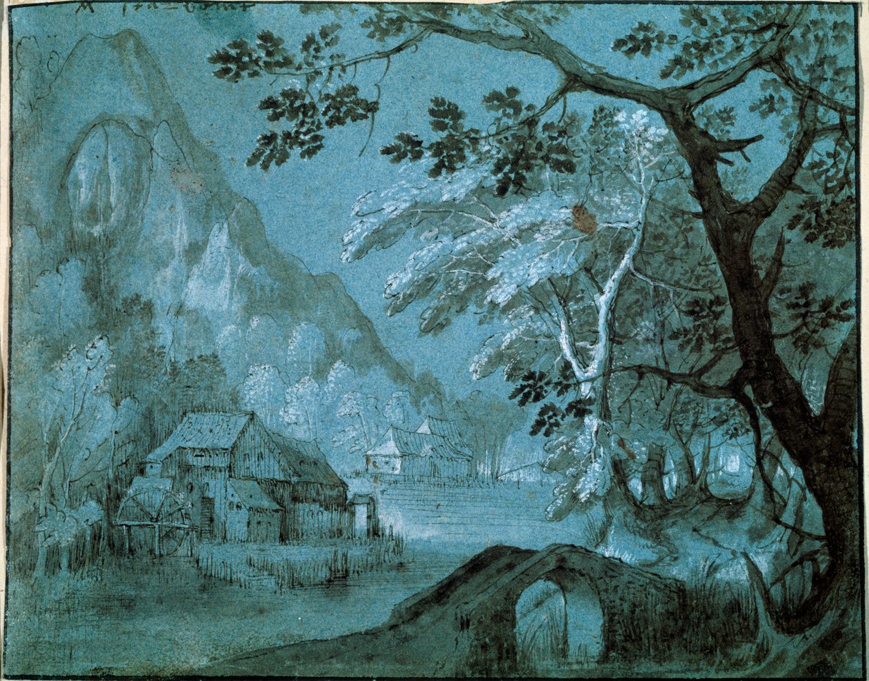 Landskab med en mølle ved en bjergsø, c1610-c1620s af Adriaen van Stalbemt