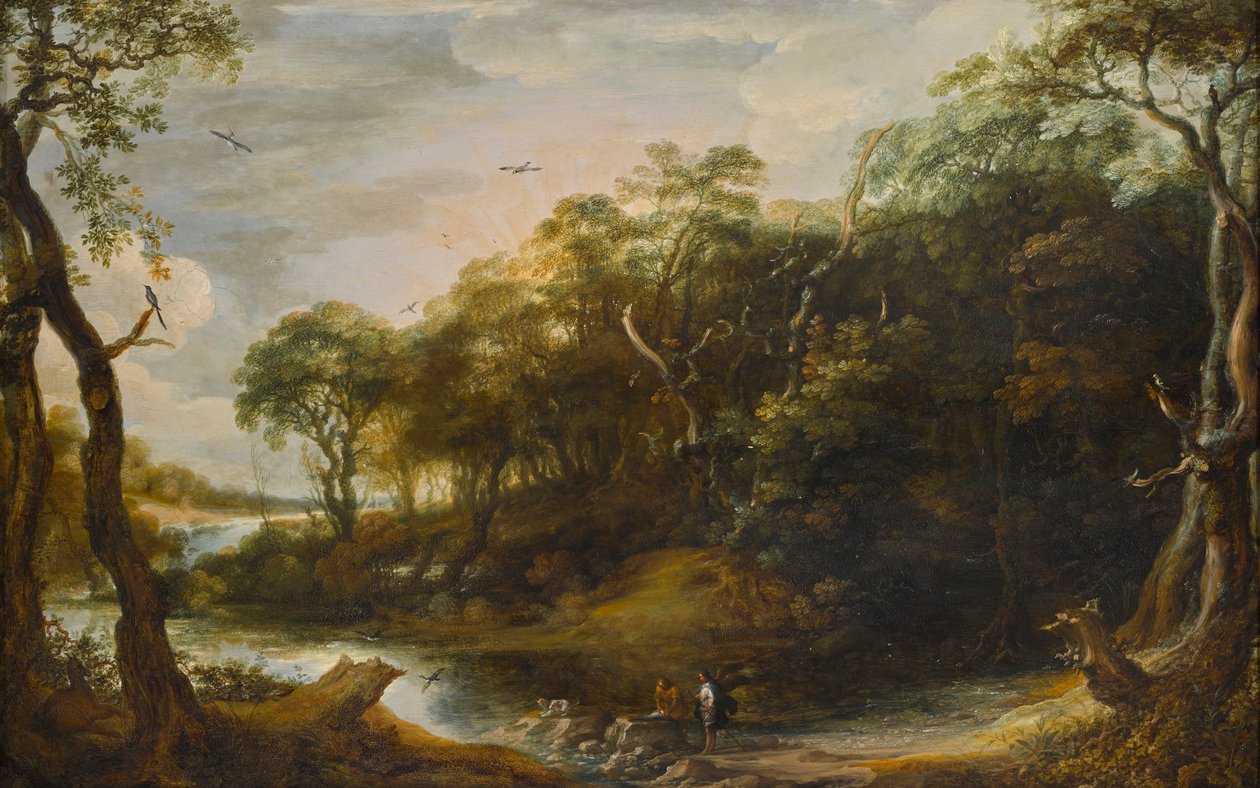 Landskab med englen Raphael og Tobais, der skærer fisken op (Tobit 6,1-5) af Adriaen van Stalbemt