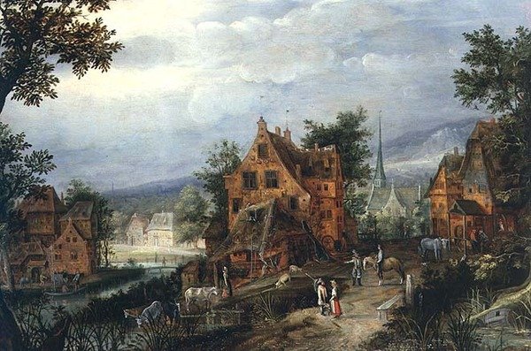 Landsbyscene med figurer af Adriaen van Stalbemt