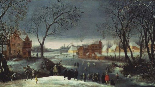 Vinterlandskab med skatere (panel) af Adriaen van Stalbemt