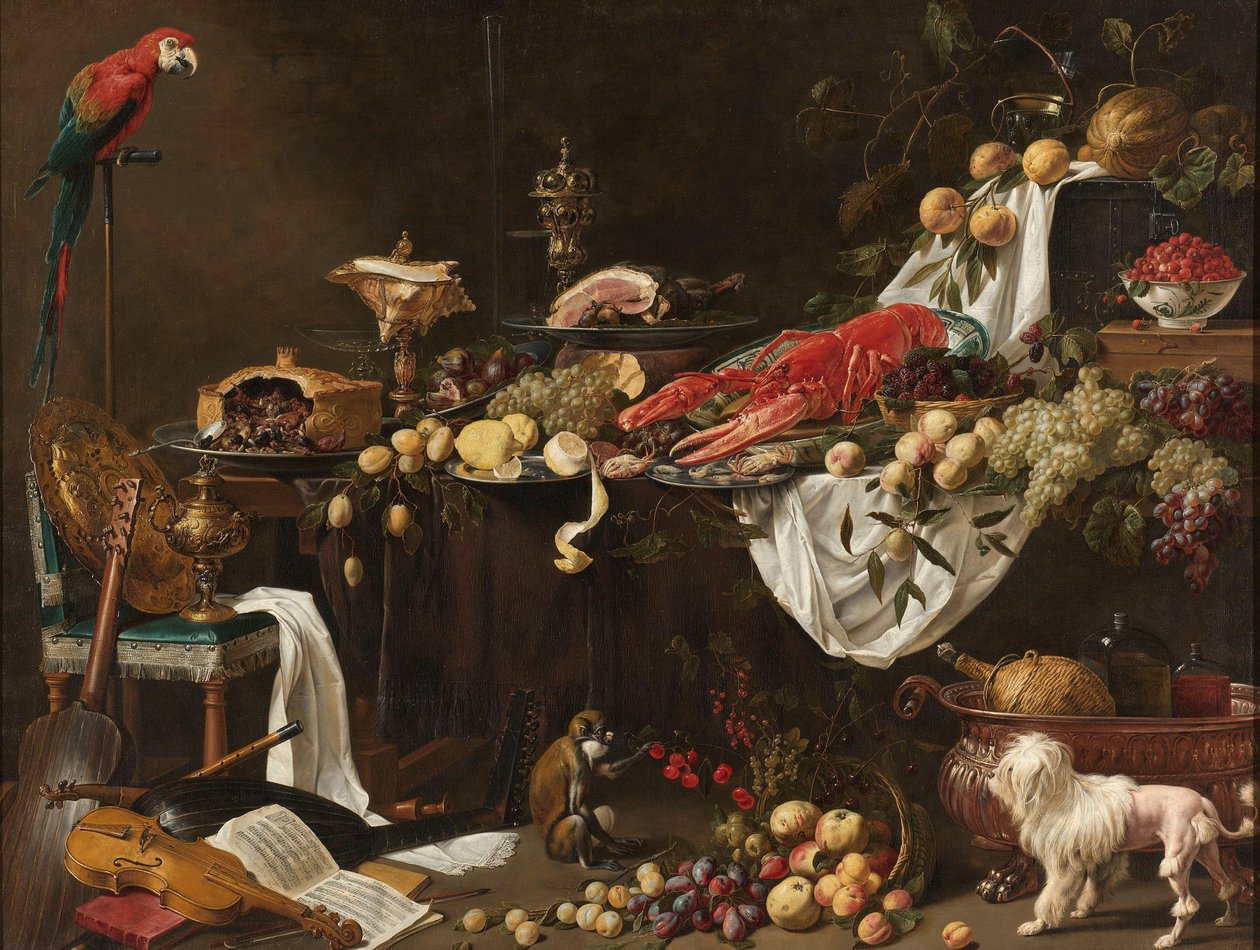 Banket stilleben Pronk-stilleben med en papegøje, hund og abe af Adriaen van Utrecht
