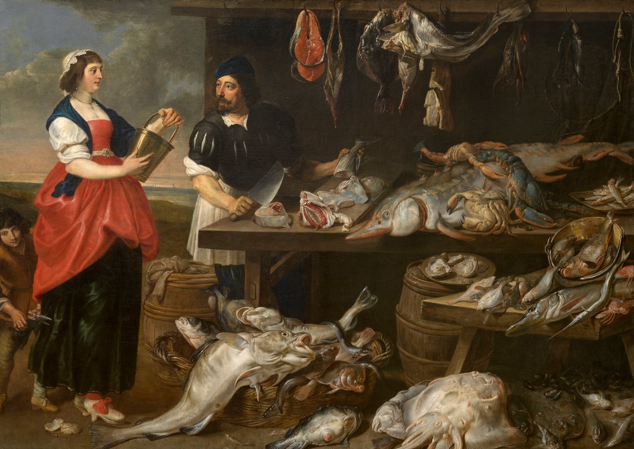 Fiskehandlerbod (olie på lærred) af Adriaen van Utrecht
