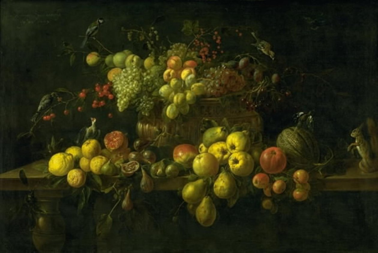 Stilleben med frugt på et bord af Adriaen van Utrecht