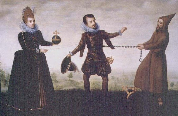 Satire over ærkehertugen Albert den Fromme, der gav afkald på sit ærkebispedømme i Toledo for at gifte sig med Infanta Isabella Clara Eugenia i 1598 af Adriaen van de (workshop of) Venne